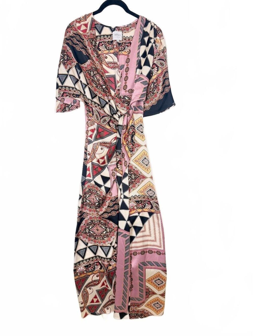 MISA Los Angeles Patchwork Geo Scarf Satin Long Sleeve Wrap Maxi Dress Small